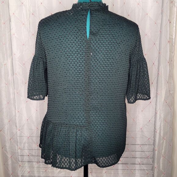 H&M Forest Green Dark Romance Half Peplum‎ Swiss Dots Blouse Top Size Medium - Picture 2 of 6